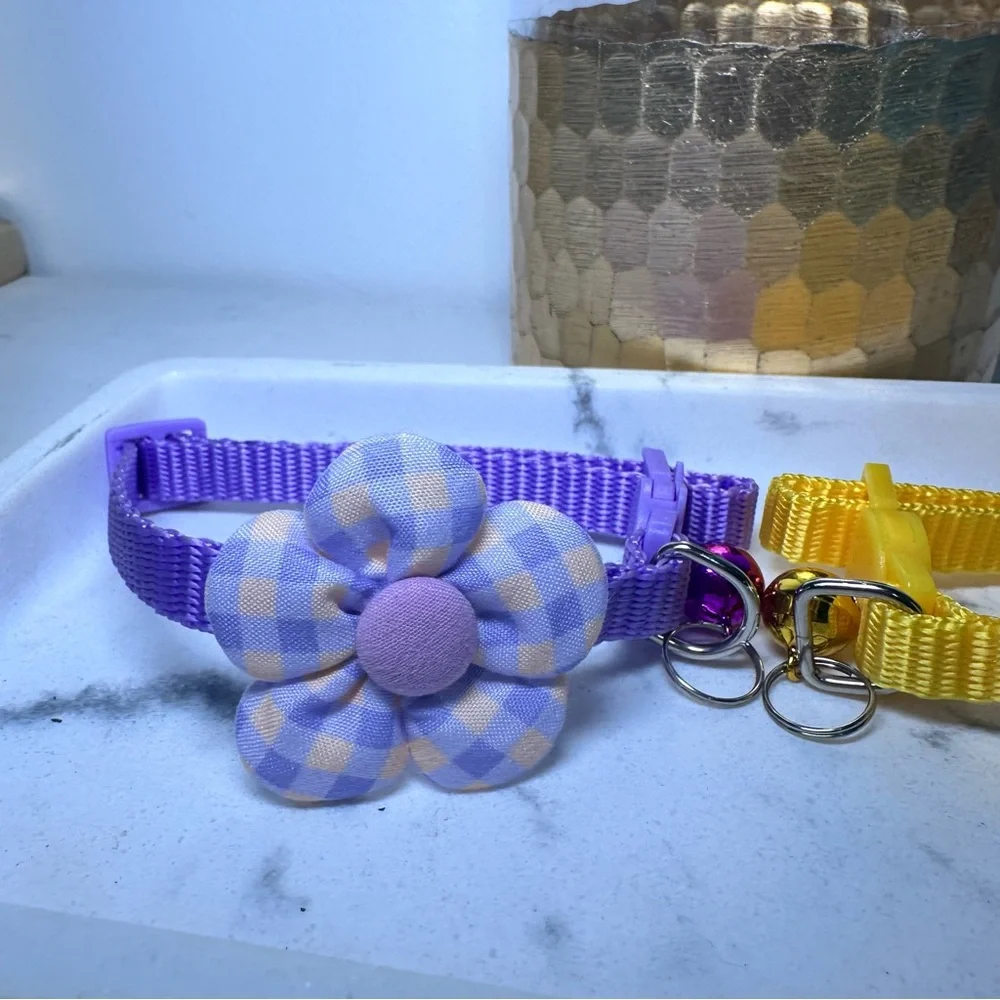 Purple and Yellow Cat Collar Set with Bell Bow and Flower